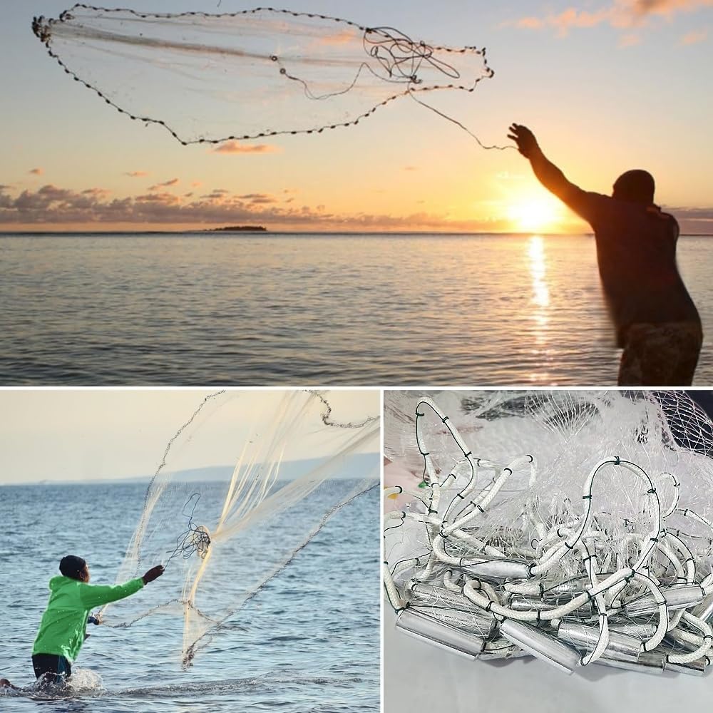 Rete di lancio per la pesca,Rete da Pesca Rezzaglio da Pesca,diametro 2,4 m,monofilamento a mano,reti da colata d'acqua dolce,per acqua salata e acqua salata