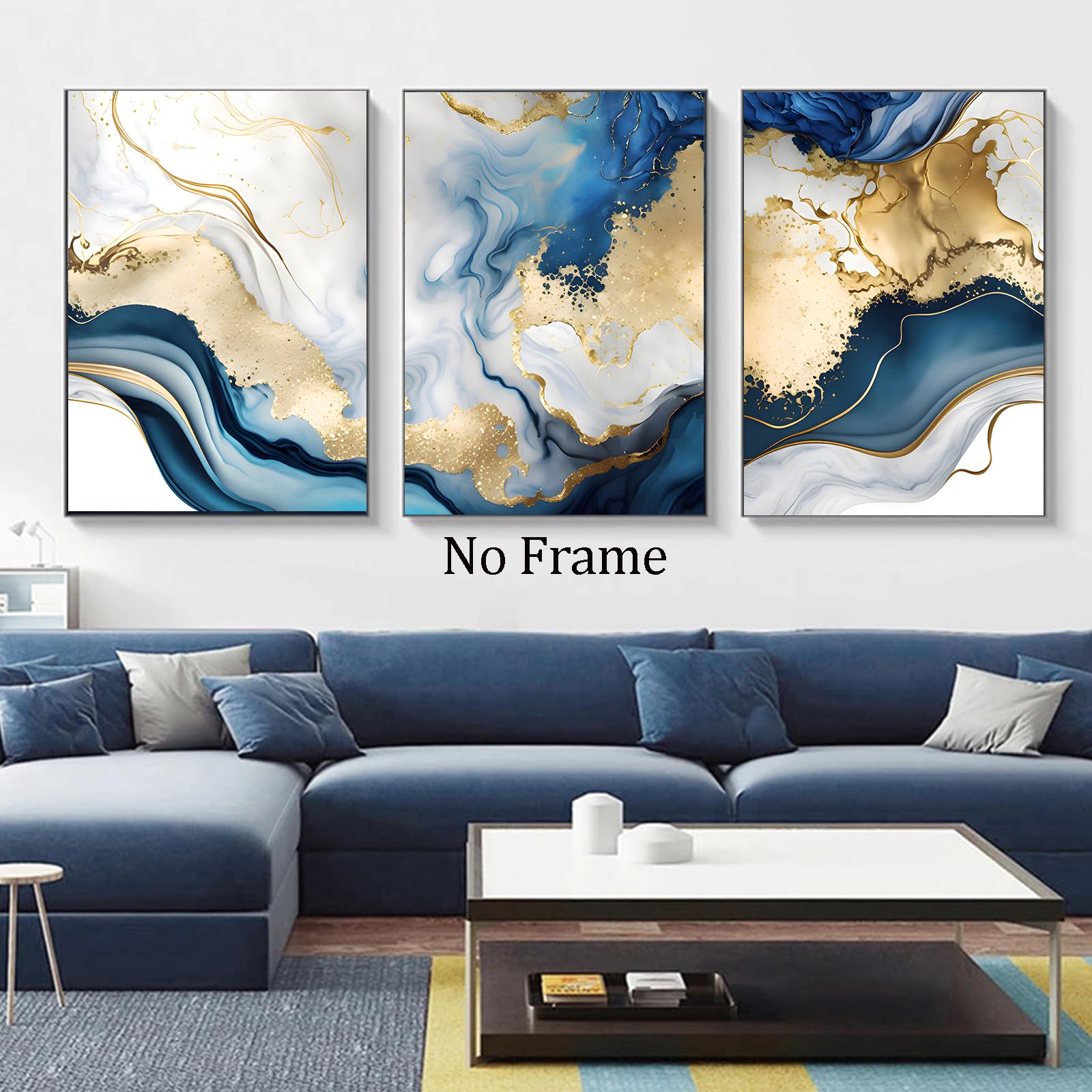Amazon.co.jp: ネイビーブルーとゴールドの抽象ウォールアート ブルー