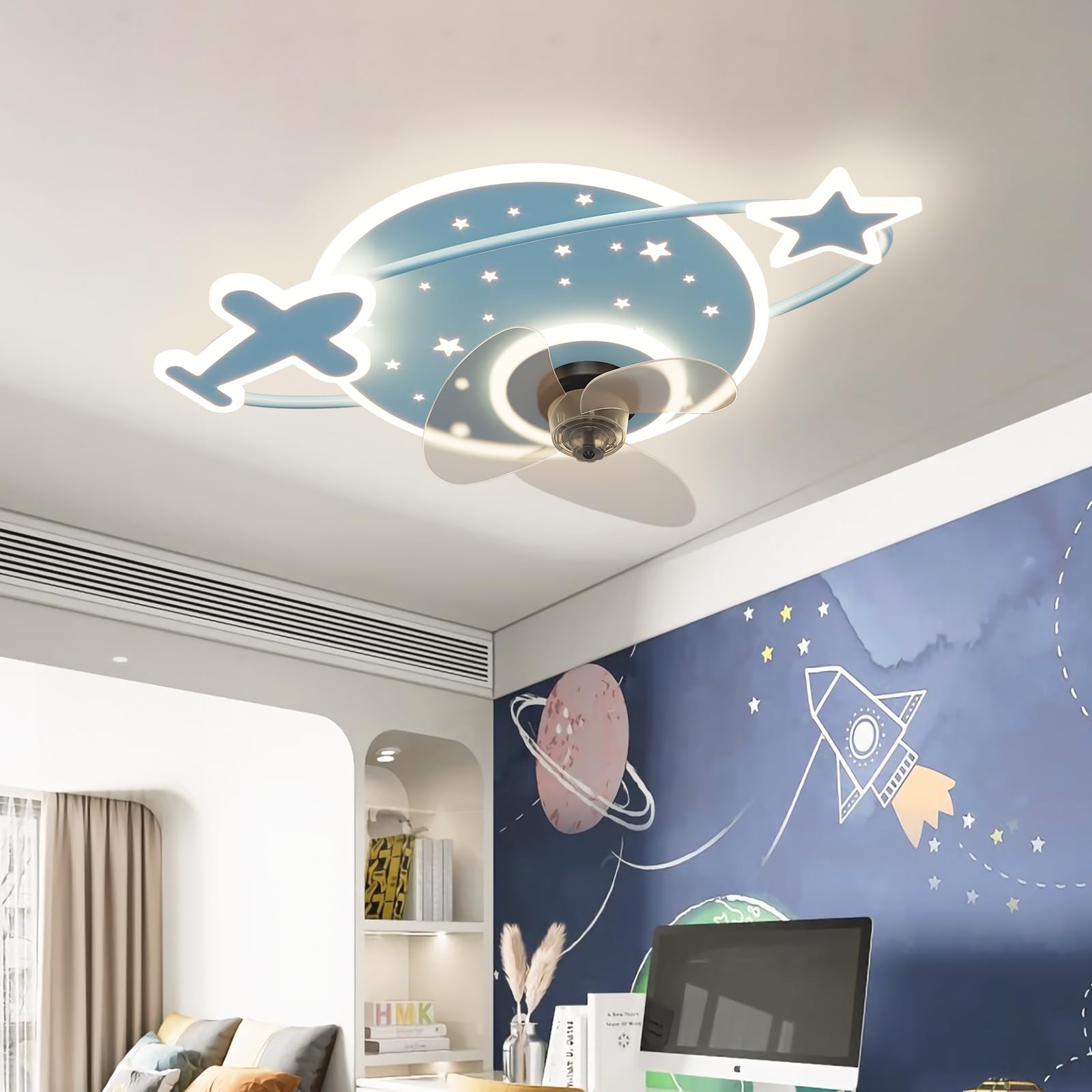 ATEEZ Infantil Silencioso Ventilador de Techo con Luz y Mando 6 Velocidades Moderna Lampara Ventilador Techo Dimmable Reversible Temporizado Ventiladores de Techo con Luz para Dormitorio Comedor-Blue