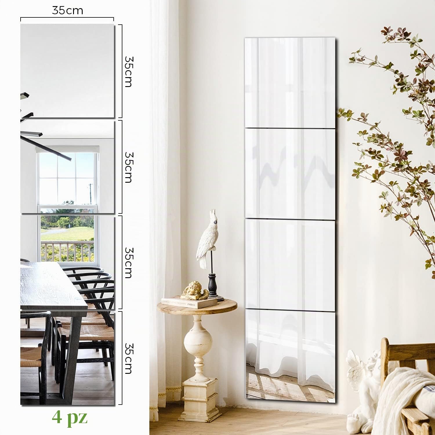 Specchio da Parete Lungo Adesivo Vetro, Specchio Rettangolare Figura Intera, Specchi Grande da Parete per Camera Letto, Soggiorno, Armadio, Porta, Palestra