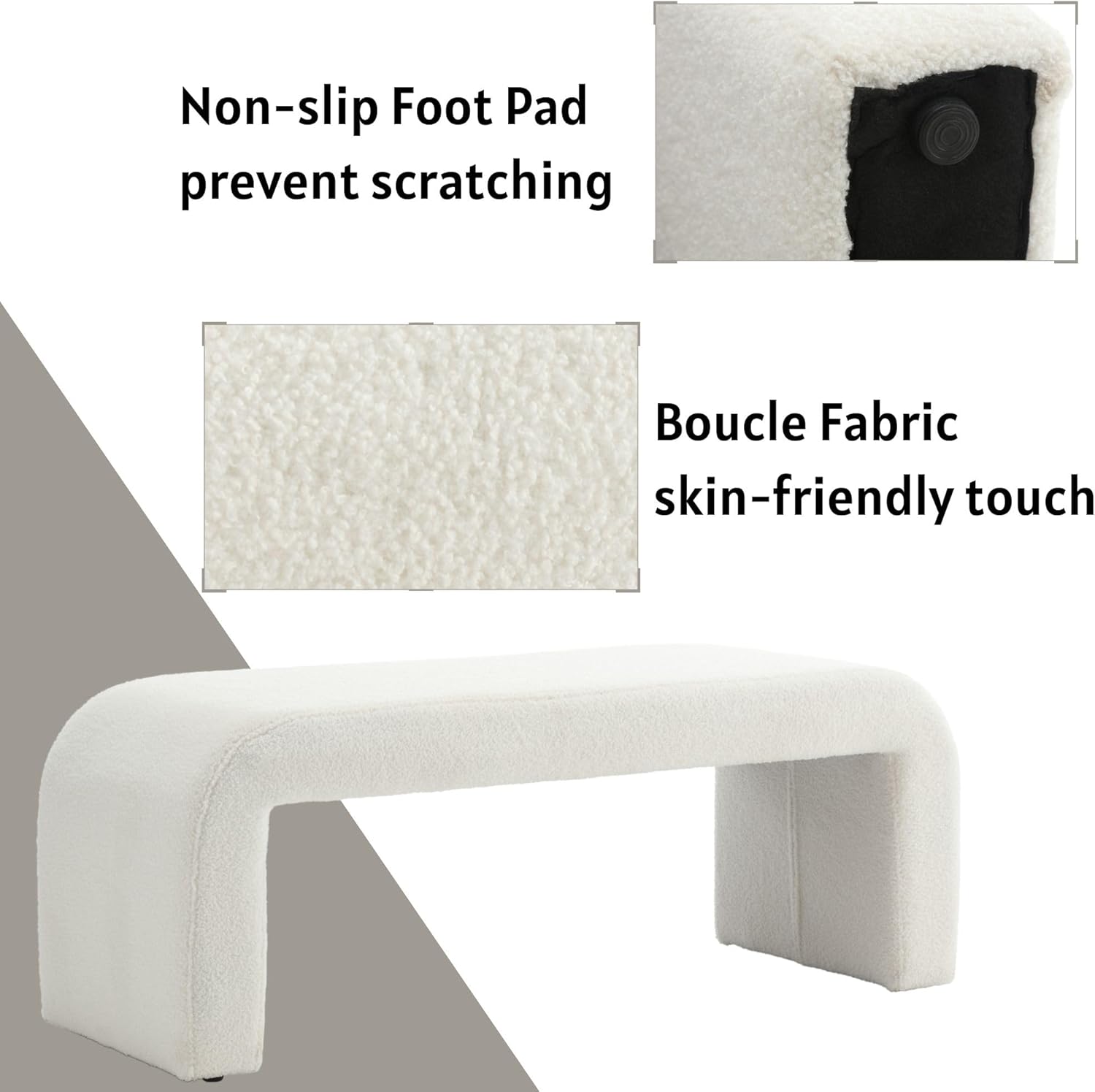 49.5'' White Bench Faux Fur Comfy Upholstered Boucle Teddy Fabric Bench End of Bed Ottoman for Bedroom Living Room Entryway, White