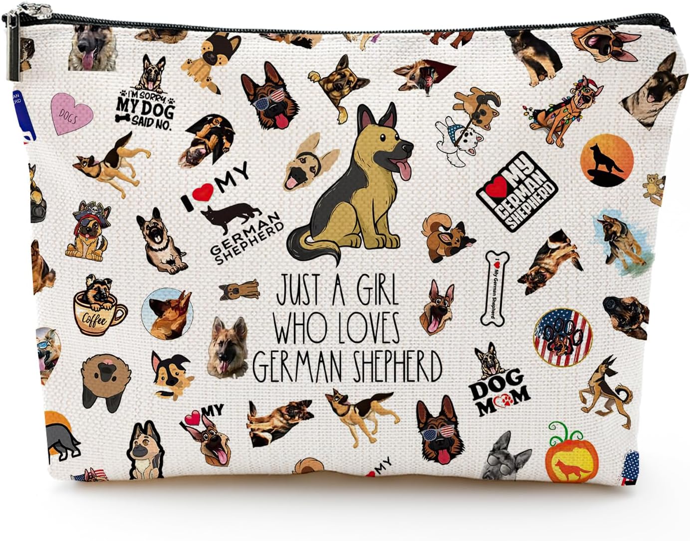 Makeup Bag for Dog Lovers, Weiner Dog Gifts for Women Cosmetic Bag with Zipper, Birthday Valentine’s Day Gift, White, German Shepherd