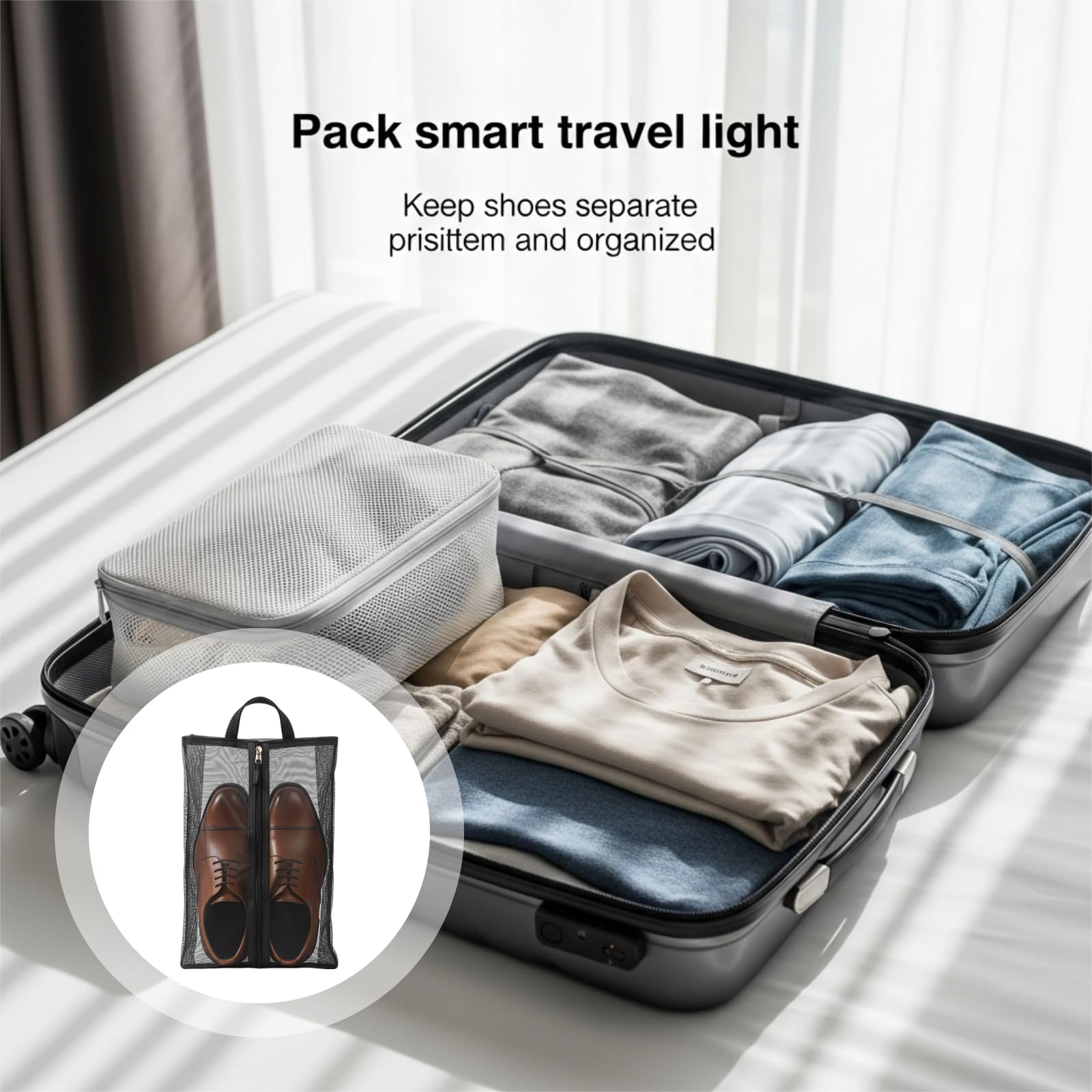 2 STK. Schuhbeutel für Reisen, 40 x 25 cm große Nylon-Schuh-Organizer, tragbar, mit atmungsaktivem Mesh-Design, Unisex Schuh-Aufbewahrungsbeutel, schwarz
