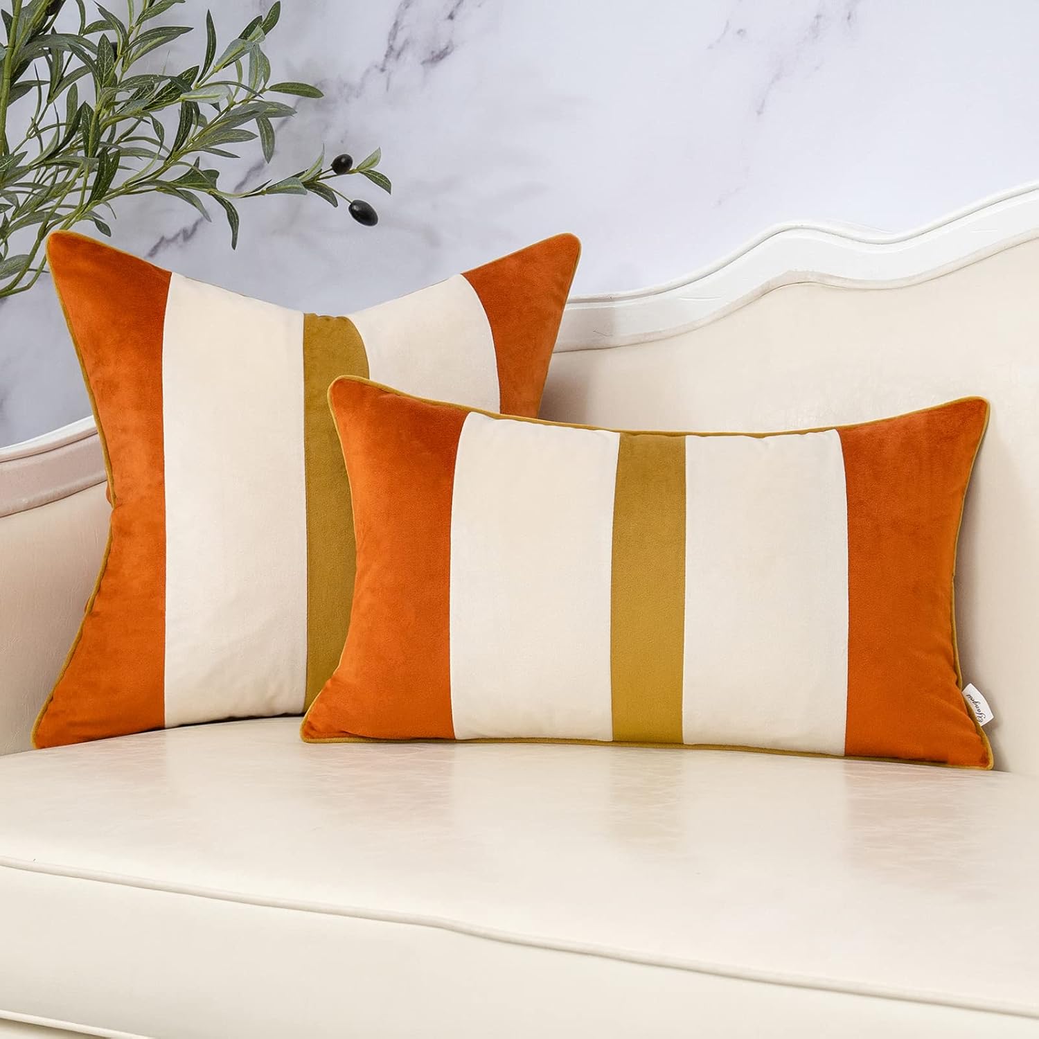 Yangest Orange Patchwork Lumbar Throw Pillow Cover Striped Velvet Cushion Case Modern Neutral Oblong Pillowcase for Sofa Couch Bedroom Living Room Home Decor, 12x20 Inch - Image 5