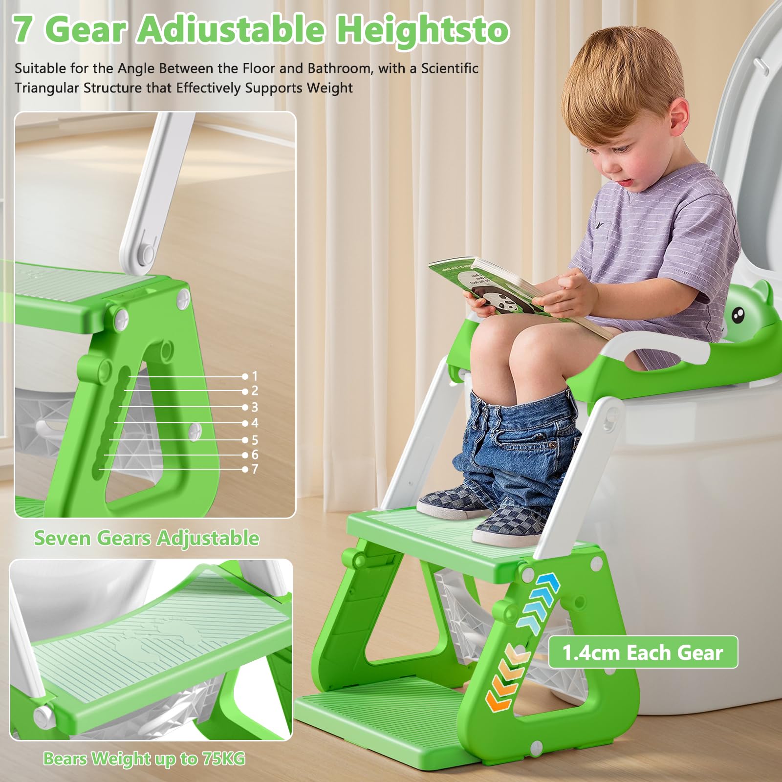 Réducteur Toilette Enfant, Stabiliser Rehausseur Toilette Enfant avec Structures Triangulaires, Adaptateur Toilette Enfant 2 en 1, Pliable et Réglable,Adapté aux Toilettes en Forme de V, U, O
