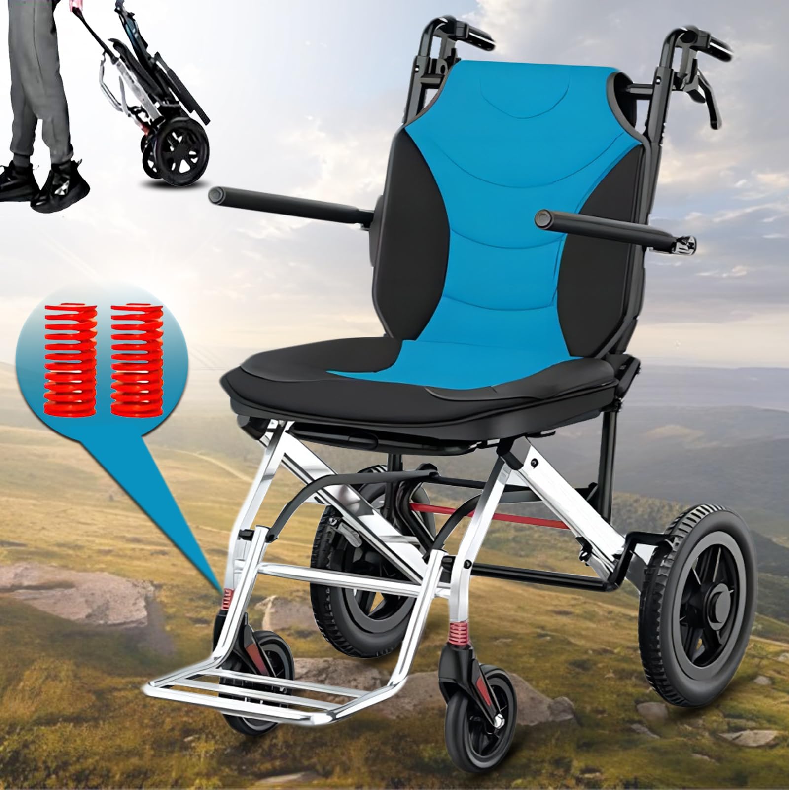 rollstuhl faltbar leicht, Transportrollstühle Faltbar Leicht für Erwachsene, Reise-Rollstuhl, Aluminium, Tragbarer Leichtgewicht Transit rollatoren für senioren, Tragfähigkeit 150KG