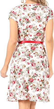 Women's Floral Flared A-Line Swing Casual Party Dresses Short Sleeve Belted