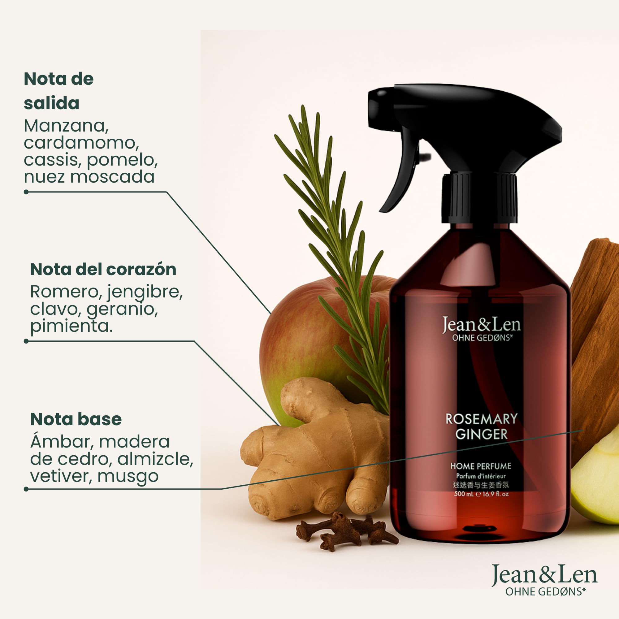 Jean & Len Home Perfume Rosemary & Ginger, ambientador con aroma especiado y fresco, refresca con un solo pulverizado, spray de ambiente de diseño minimalista, 500 ml