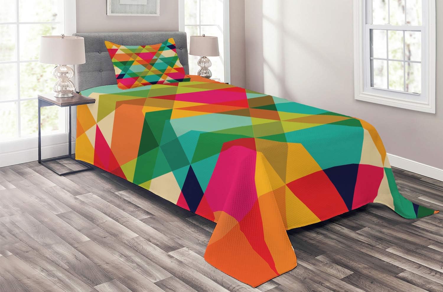 Ambesonne Geometric Coverlet, Abstract Geometric Pattern Vintage Inspired Retro Colors Old Style Graphic Art, 2 Piece Decorative Quilted Bedspread Set with 1 Pillow Sham, Twin Size, Pink