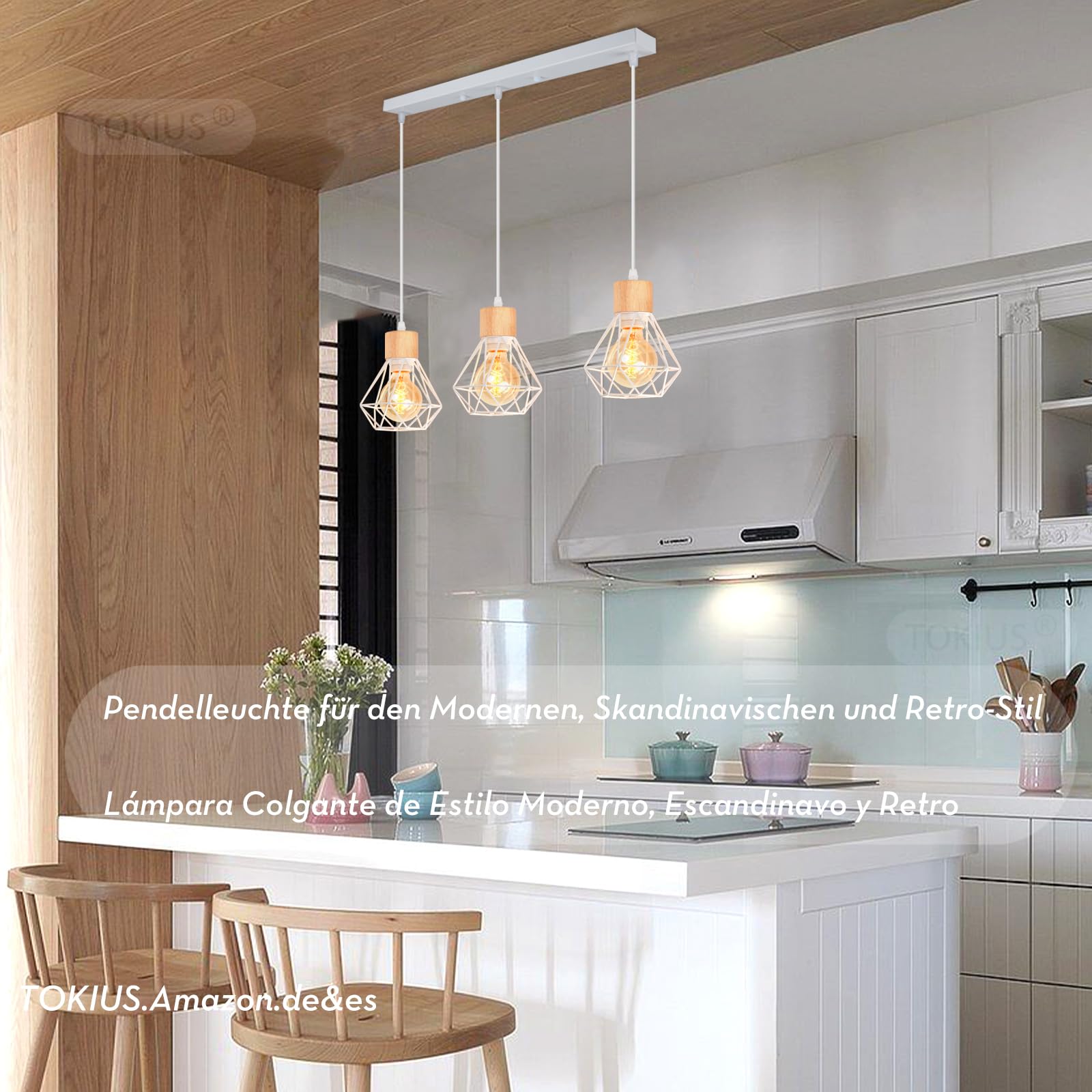 3 Luces Lámpara Colgante Vintage 16CM Retro Lámparas de Techo Diseño de Jaula Blanco Luz Colgante en Madera Hierro E27 Iluminación de Techo de Interior para Comedor Cocina (Araña 3 Luces B)