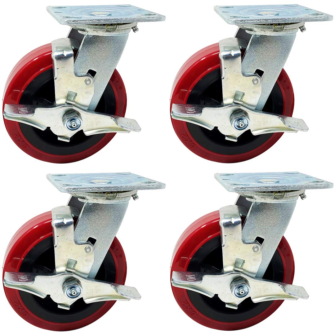 ICON Caster Wheels 6" x 2" PRO Heavy Duty Industrial Casters, Top Plate 4" x 4.5", Red, 4 Swivel