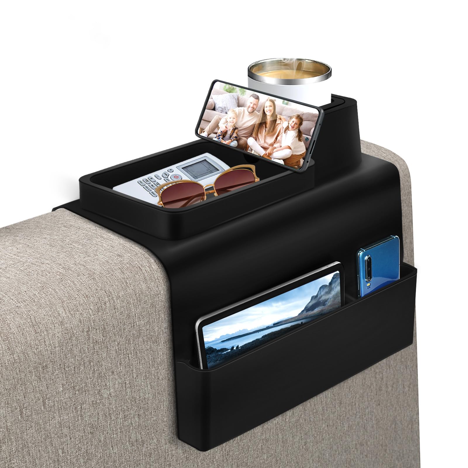 Augot Couch Cup Holder, Sofa Armrest Organizer with Cup Holder Silicone Couch Arm Tray with Storage Pockets Temperature Resistant & Anti-Slip, for Cellphone Remote Control Tablet Book Magazines Drinks