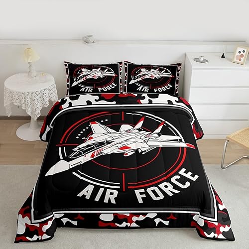 Homewish Juego de edredón de avión tamaño Queen, ropa de cama de 3 piezas para niños, ropa de cama de camuflaje militar, color rojo y negro,