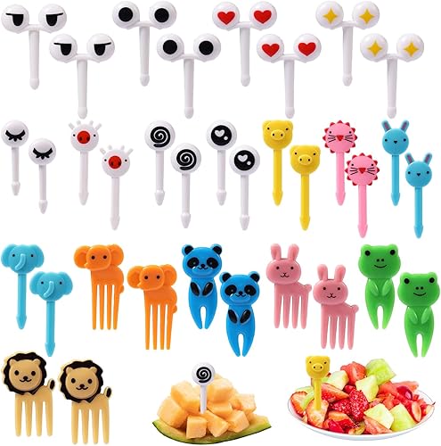 40 tenedores de frutas para alimentos, púas de plástico para niños, mini ojos, lindos animales, elefantes, león, cerdo, panda, palillos de dientes