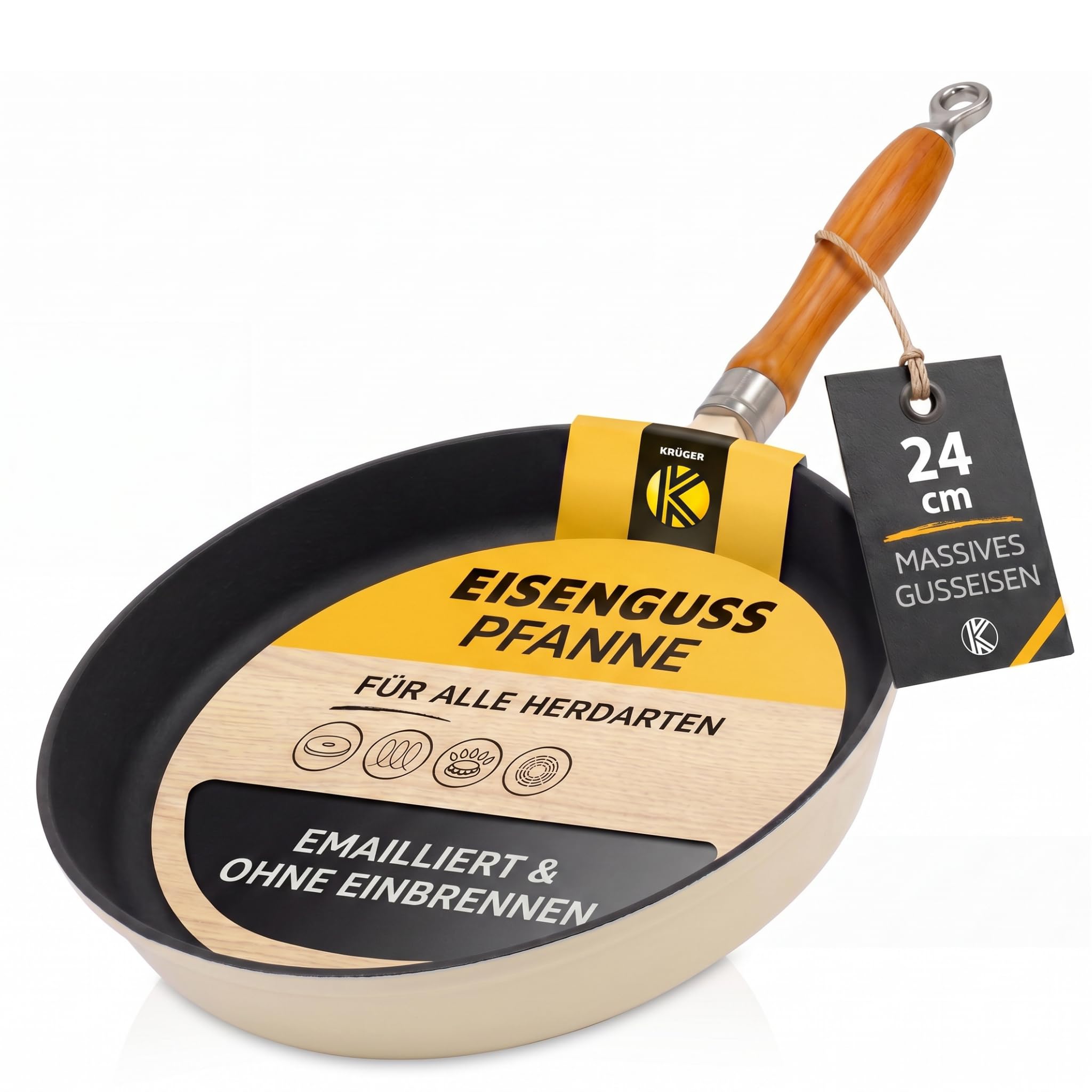 Krüger Gusseisenpfanne mit Holzgriff - emailliert - außen creme, innen schwarz matt - hohe Hitzebeständigkeit - sehr gute Wärmespeicherung -für alle Herdarten inkl. Induktion geeignet (Savanna, 24 cm)