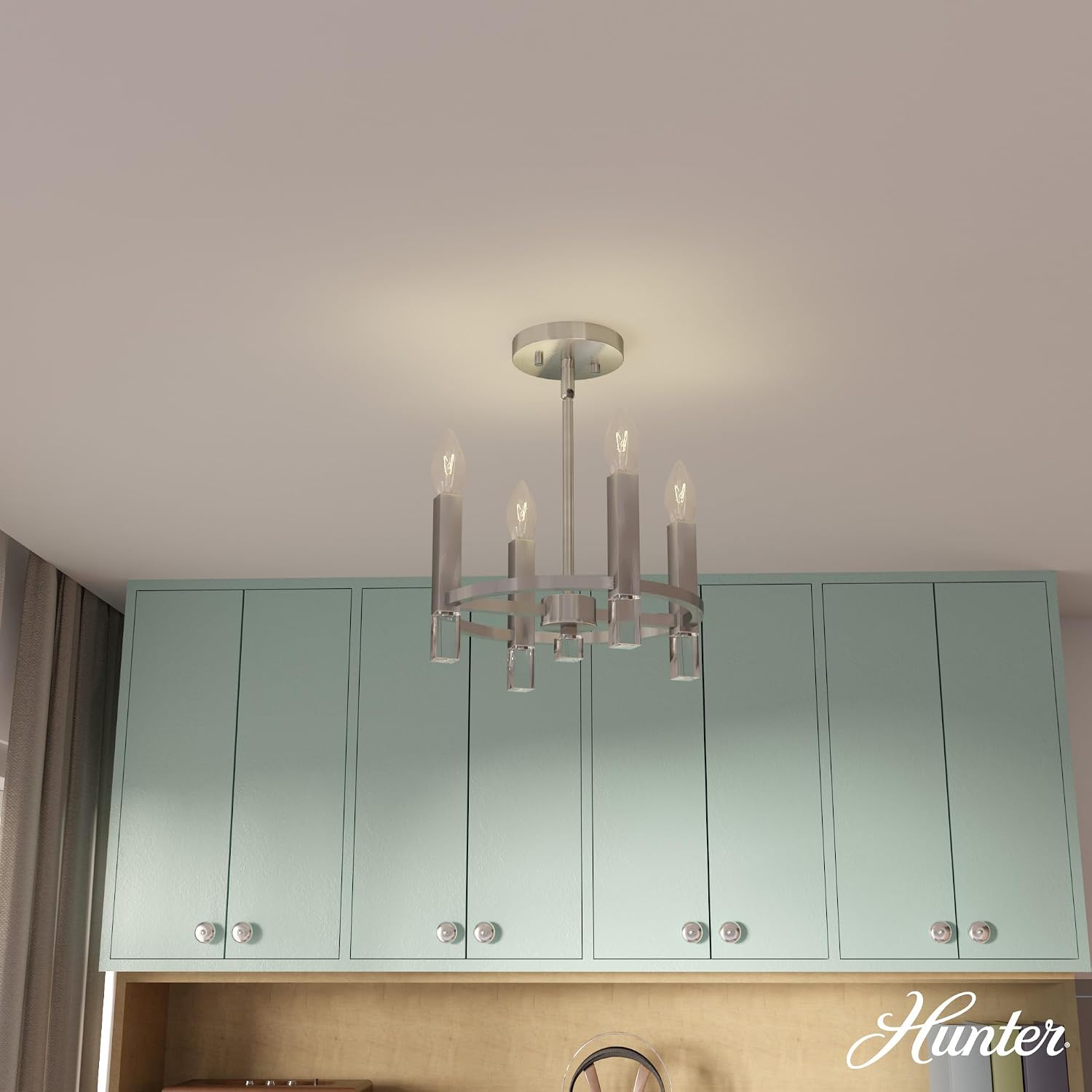 Hunter - Sunjai 4-light Brushed Nickel, Medium Size Flush Mount Light, Dimmable, Formal Style, for Bedrooms, Kitchens, Foyers, Bathrooms - 19524