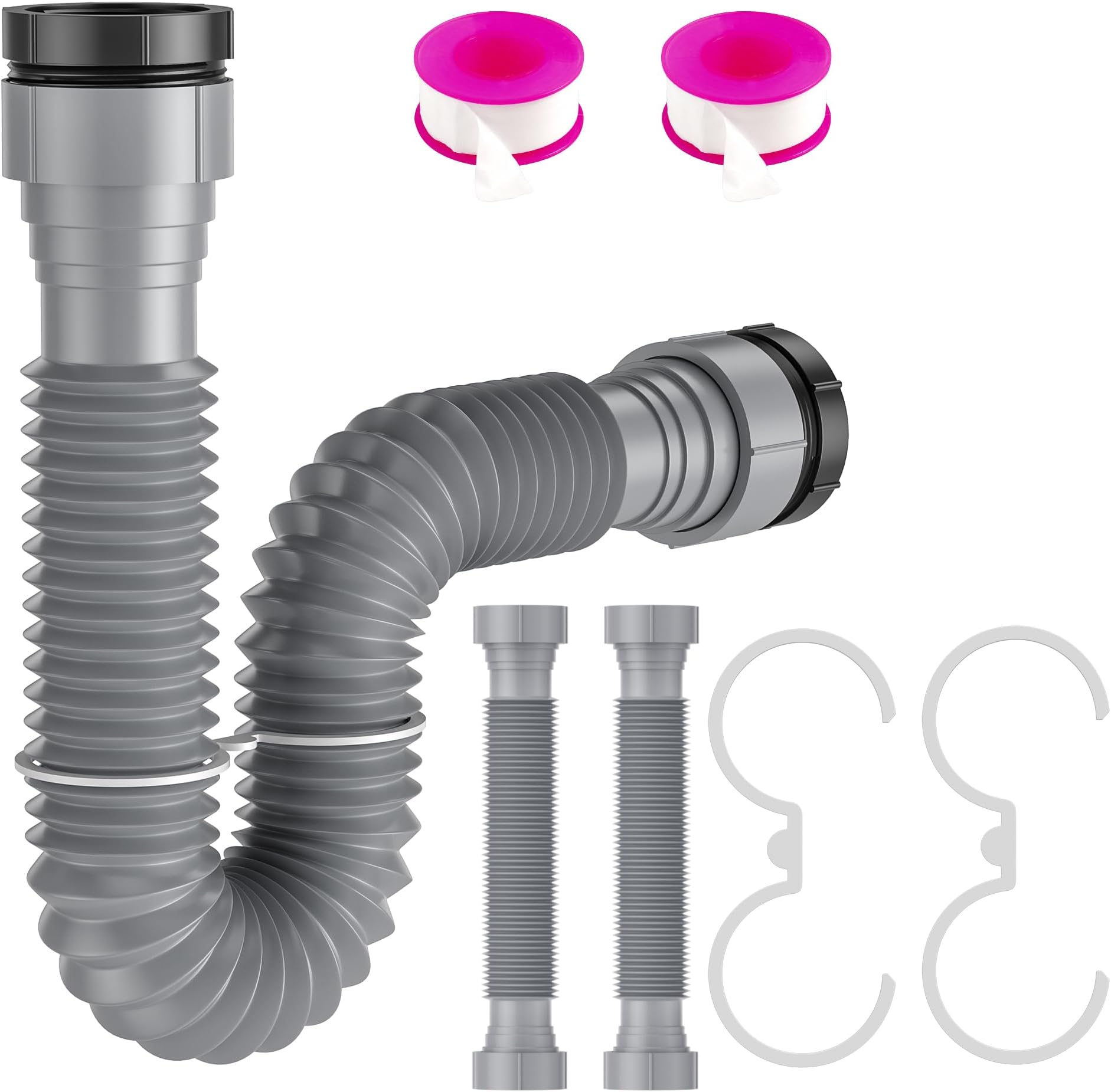 2 Pack Expandable Flexible 1 1/2" or 1 1/4" P-Trap Pipe for Single Kitchen Sink, Drain Pipe Kit With Adapter Seal Ring, for Kitchen Sink Drainage and Garbage Disposal (Gray)