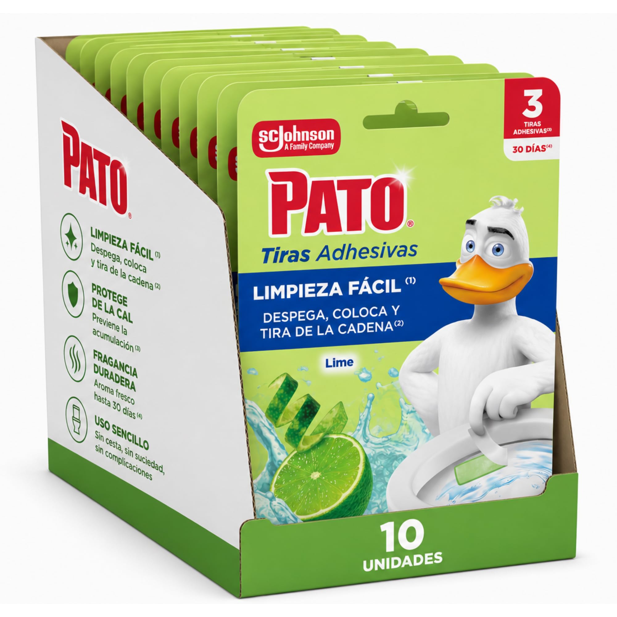 Pato Tiras Adhesivas WC Lima, Limpia, Refresca y Perfuma el Inodoro, Frescor Intenso, Pack de 10 = 30 Tiras