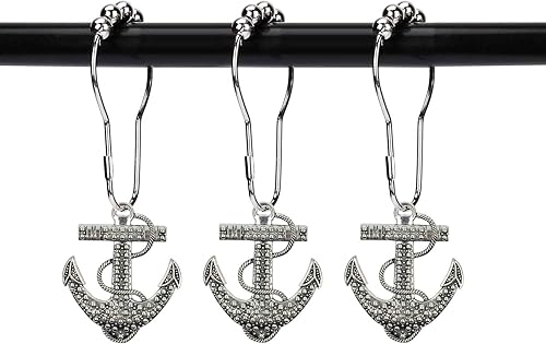 ZILucky Juego de 12 ganchos decorativos para cortina de ducha con ancla, para el hogar, baño, náutico, océano, barco, vela, playa tropical, isla