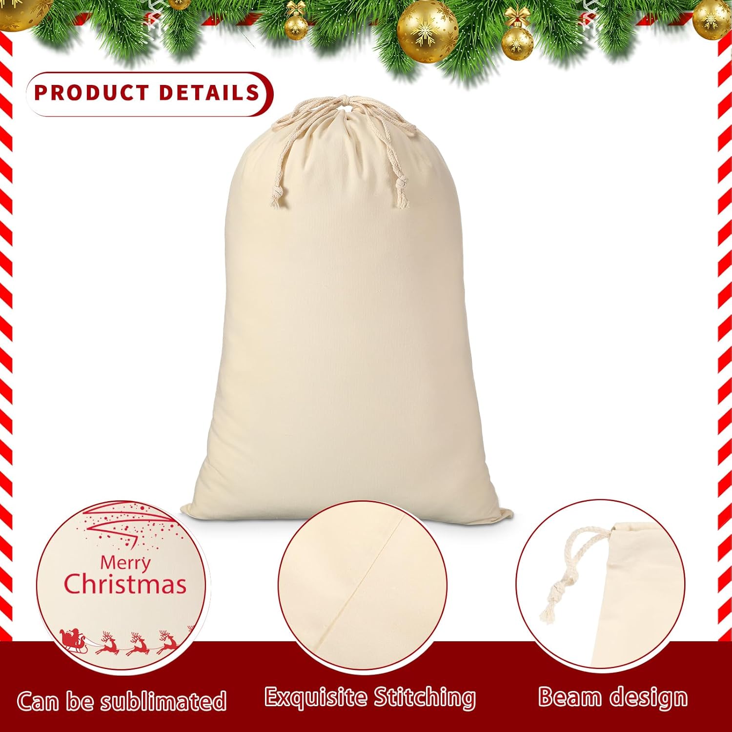 Abbylike 12 Pcs Santa Sublimation Blank Christmas Sacks with Drawstring Large Christmas Natural Cotton Heavy Duty Sack Laundry Bags for Xmas Gift Giving Sublimation Drawstring Bags 18.9 x 26.8 Inch - Image 3