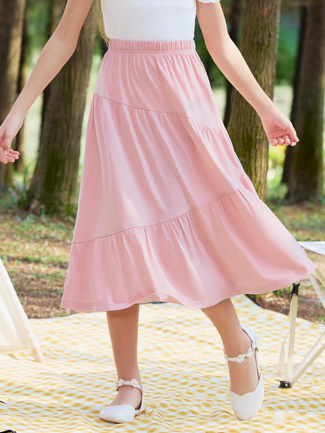 GORLYA Girls Holiday Casual Asymmetrical Tiered Ruffle Hem Long Swing Boho Fancy Maxi Skirt 6-14Y - Image 3