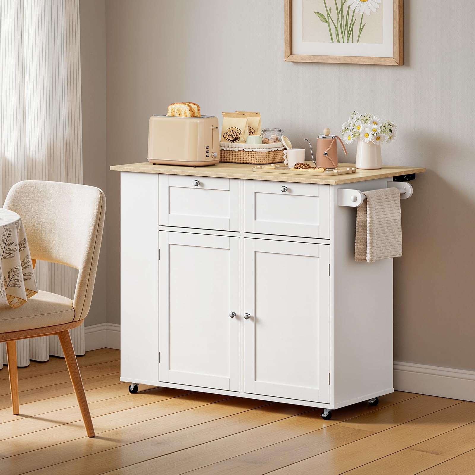 WOLTU Isola Cucina con Ruote Girevoli a 360°, Piano Ribaltabile, Scaffale Laterale a 3 Ripiani e 2 Cassetti, Carrello Cucina in Legno con 2 Ante e Portasciugamani, Rovere Chiaro + Bianco