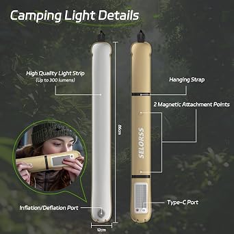 Portable Inflatable Outdoor Camping Light, IP66 Waterproof Standard, Three White Light Modes and Strobe Signal Light for Camping, Hiking, Traveling, etc.(Khaki)