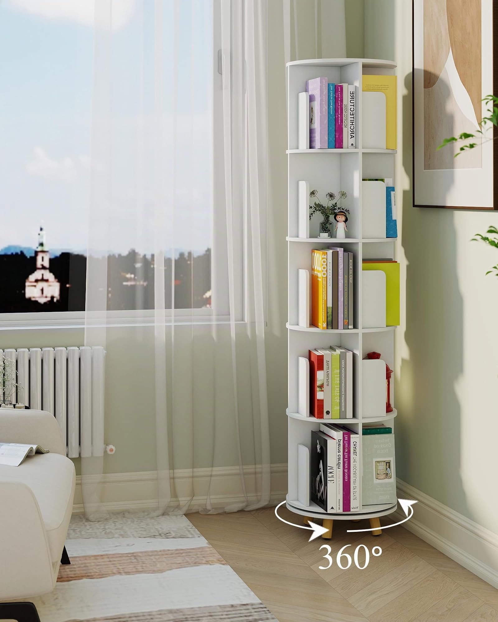 Estanteria Libros Blanca, Libreria Estanteria Giratoria de 360 Grados, Estantería Giratoria Libros con 20 Espacios Abiertos y 3 pies móviles de Madera(40 x 40 x 165 cm)