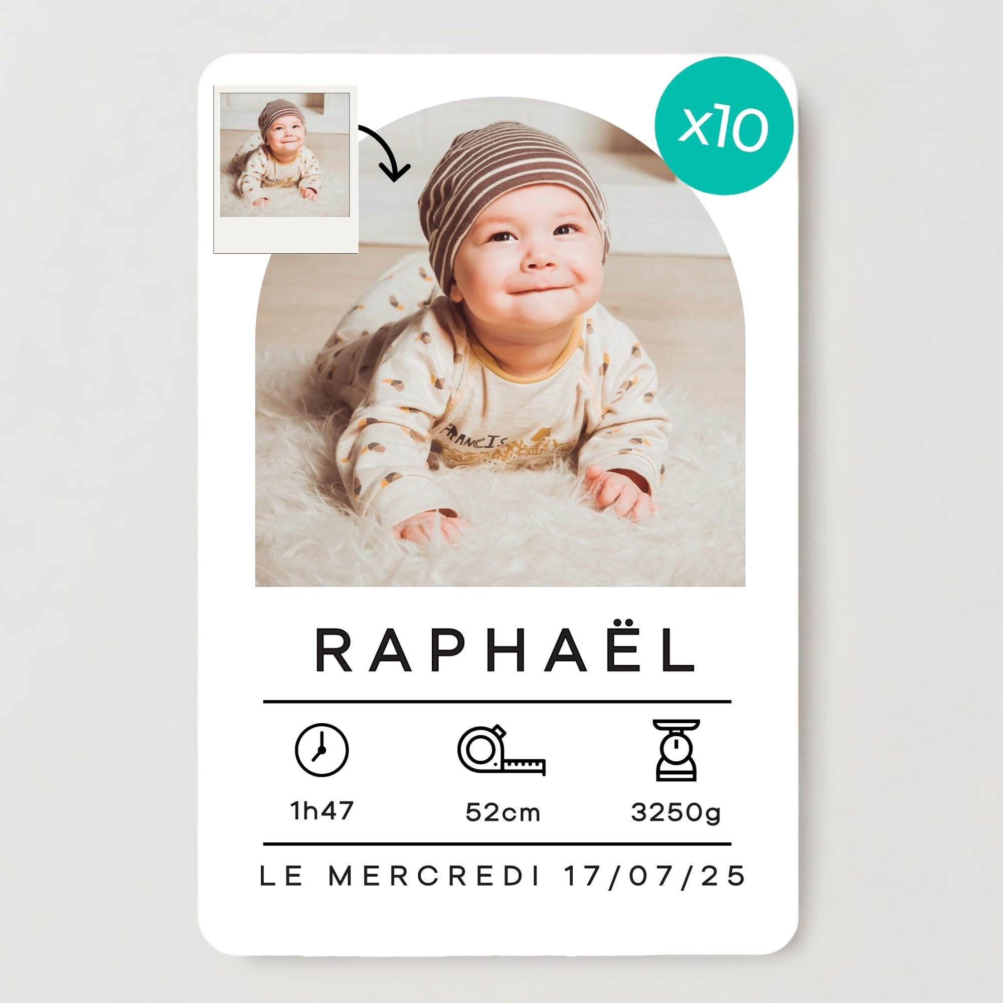 Générique Faire-part Naissance personnalisé – Carte bébé en A6 – Prénom, Taille, Heure et Poids Personnalisable avec Photo, Carte annonce naissance avec 10 Pcs 10,5x14,8cm