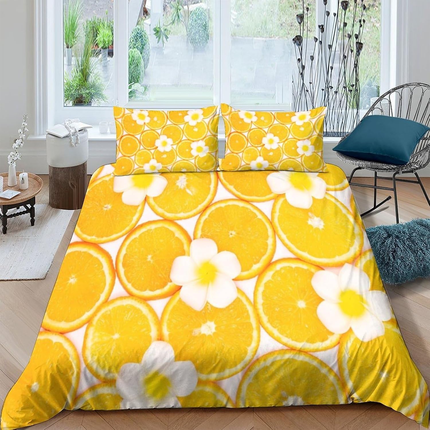 Housse de couette 160x200 fleur d'oranger parure de lit microfibre avec 2 taies d'oreillers