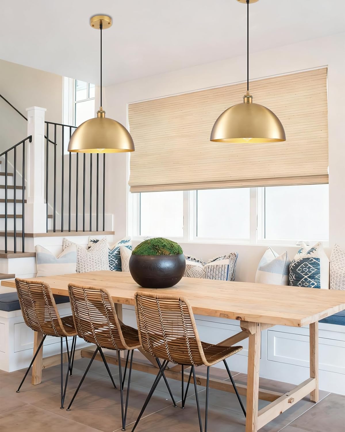 Gold Pendant Lights, 11.8" Farmhouse Pendant Light for Kitchen Island, Vintage Pendant Light Fixtures for Dining Room, Living Room, Bedroom, Dome Pendant Lighting, 2 Pack