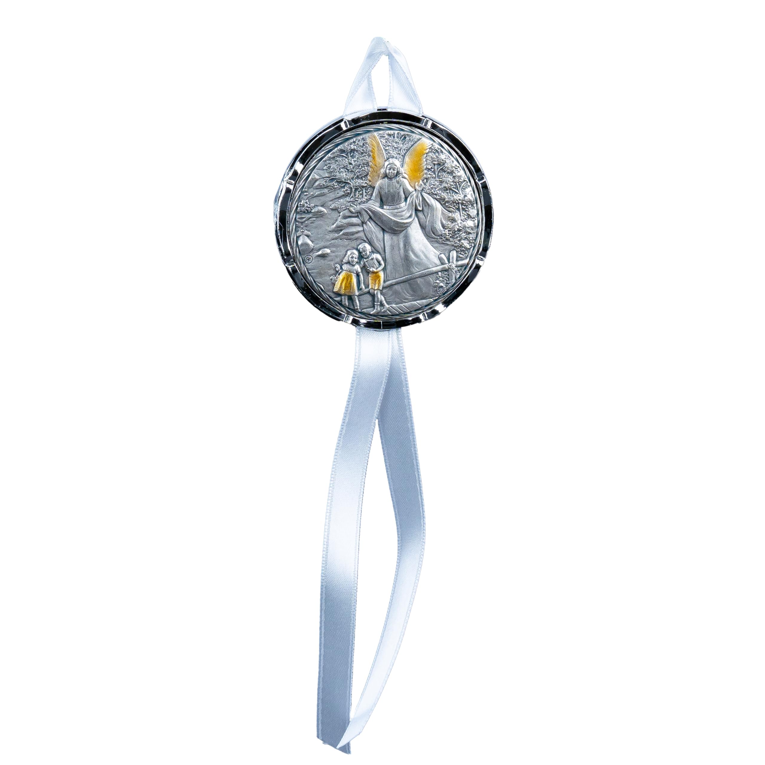 Guardian Angel Crib Medal, Round Decorated with Silk Ribbon