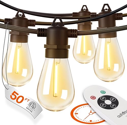 addlon Tira de luces LED de 50 pies para exteriores, control de temporizador con bombillas Edison inastillables, hilo resistente a la intemperie,