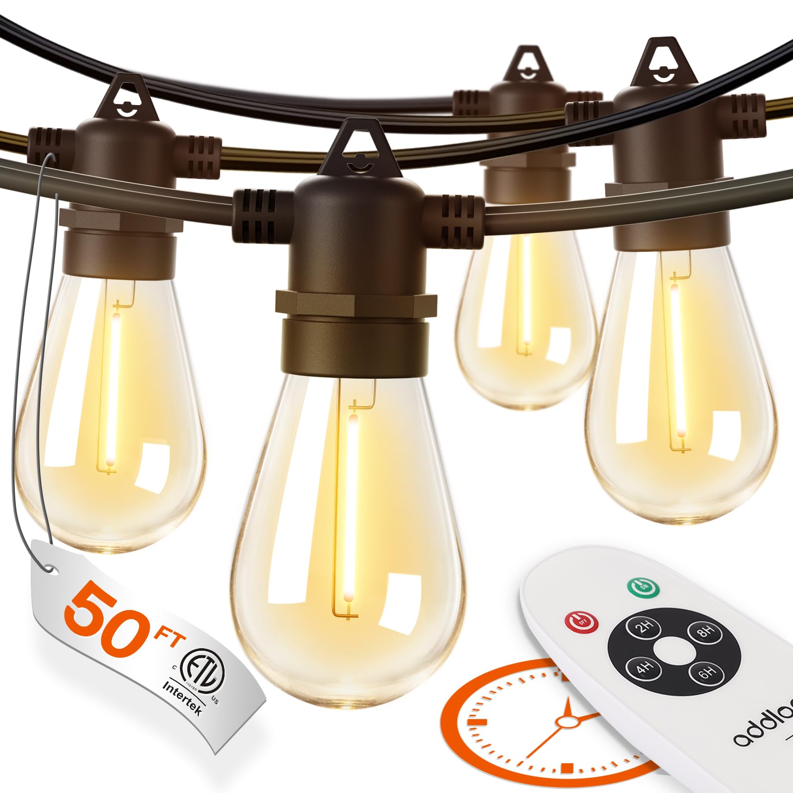 addlon 50FT LED Outdoor String Lights Timer Control with Edison Shatterproof Bulbs, Weatherproof Strand, Commercial Grade Patio Lights, Decorative for Garden or Patio, Black