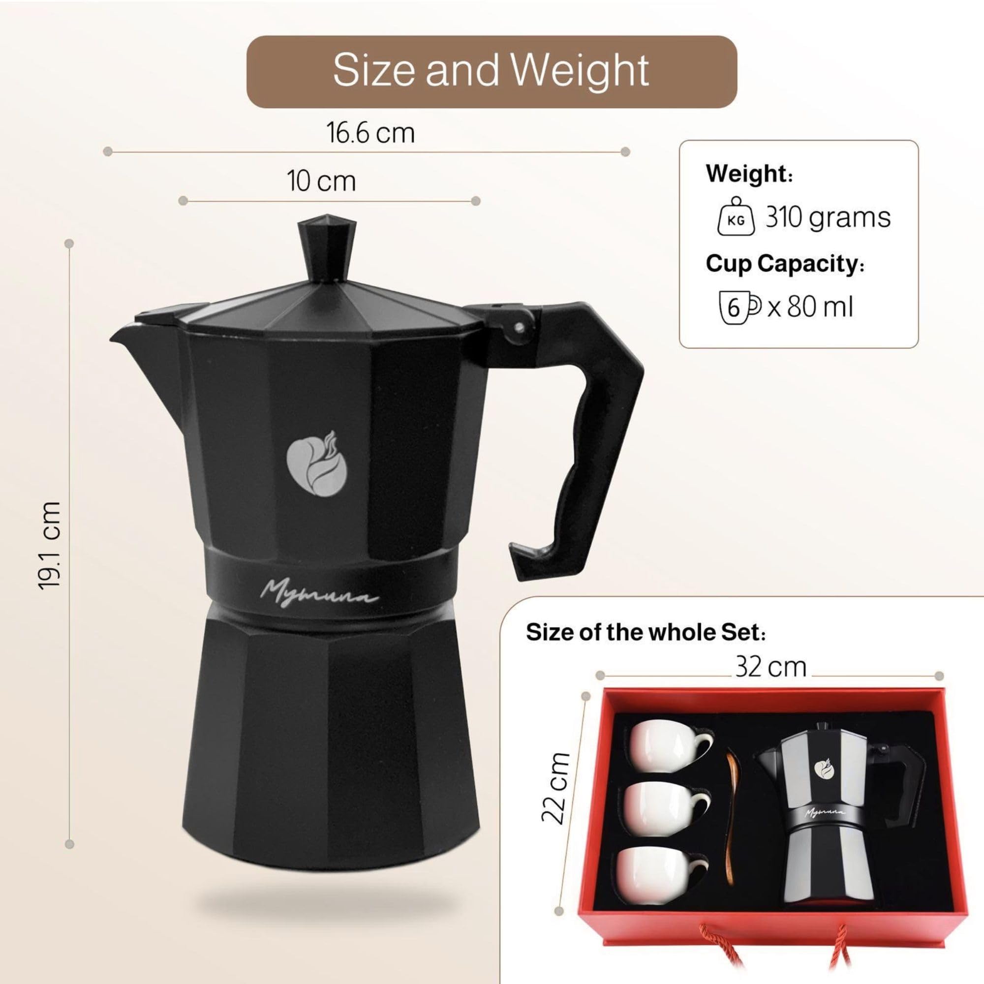 Generisch Juego de 6 tazas de café espresso – Mokapot clásico para estufa – Cafetera moka de aluminio incluye 3 tazas y cucharas – Noble regalo de café
