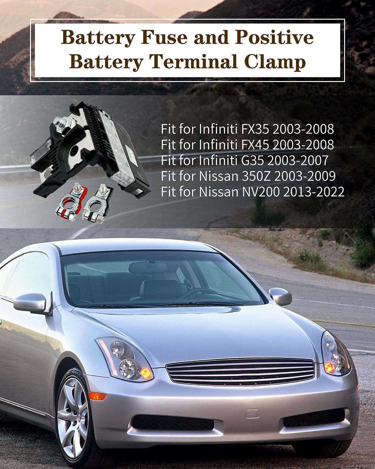 Battery Fuse 24380-79913 and Positive Battery Terminal Clamp 24340-7F000，Fits for Nissan 350Z 2003-2009 NV200 2013-2022, Fit for Infiniti FX35 FX45 2003-2008 G35 2003-2007