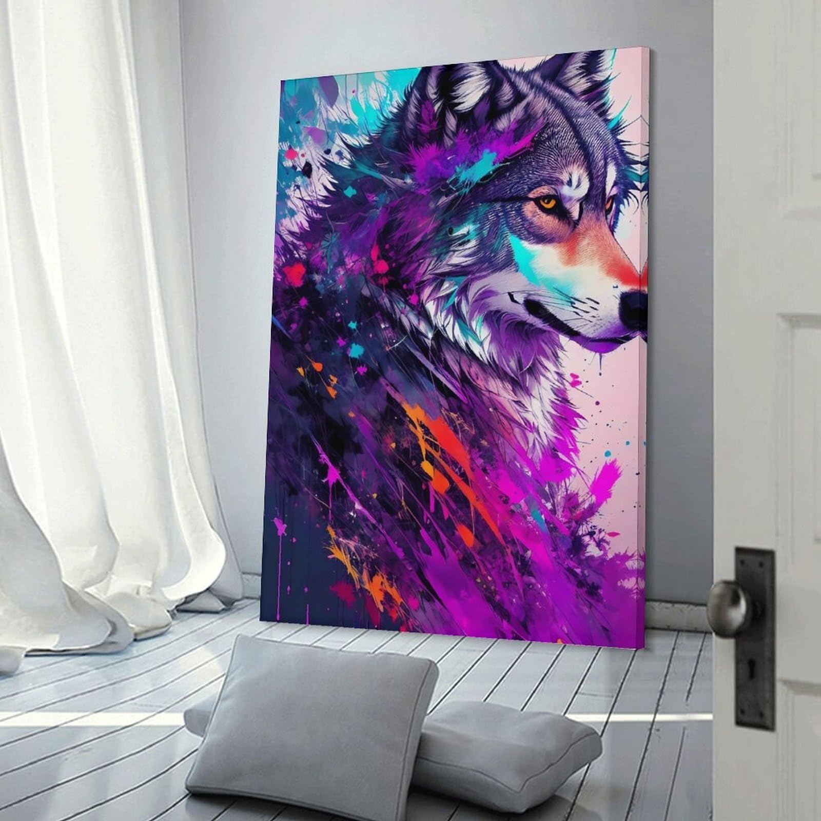 Junmoney Frame-Style-22 Hanging Wall Art Colorful Wolf Art Print, 20X30inch(50X75cm), For Gallery Wall Layouts In Home Or Office, An Easy Match For Collected Prints