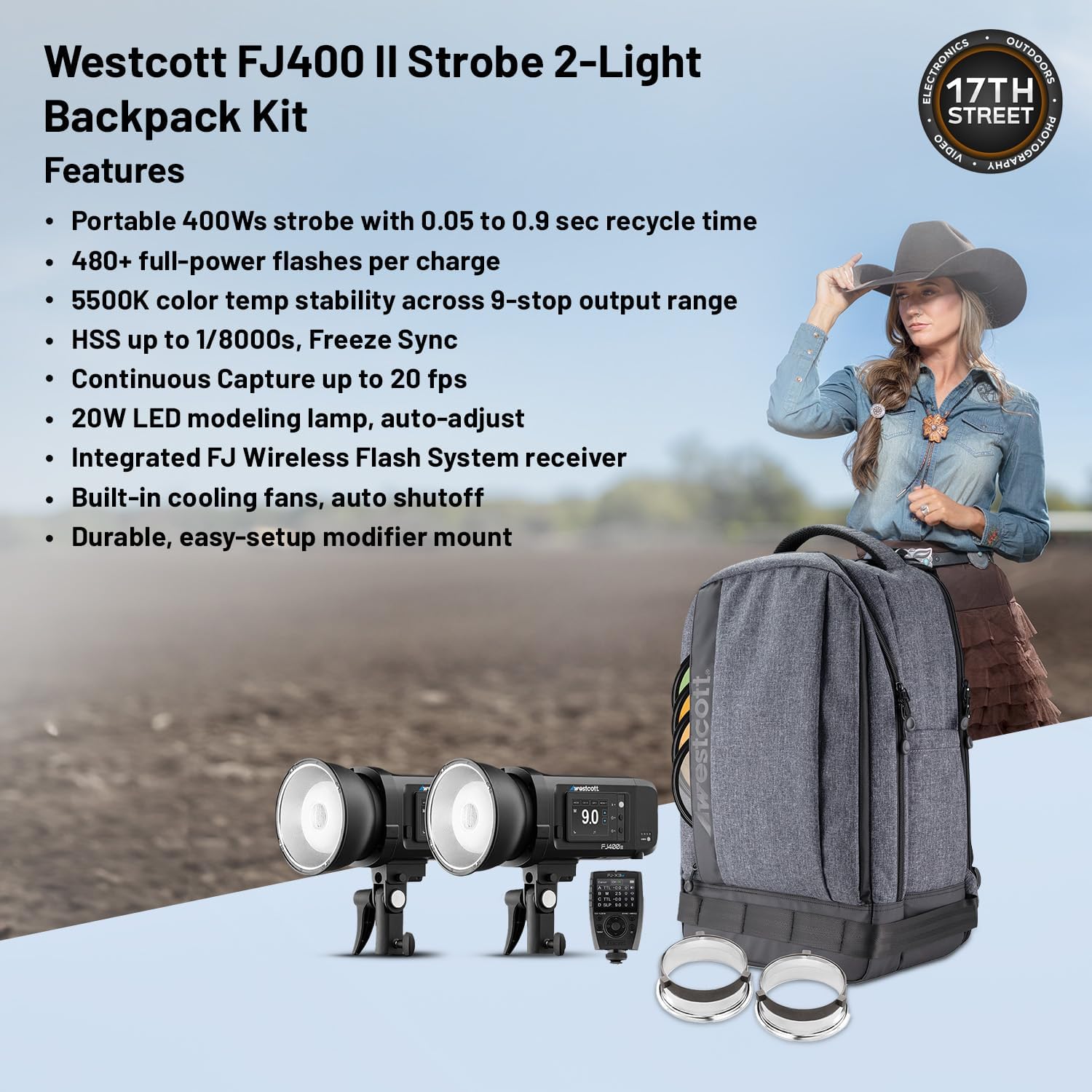 Westcott FJ400 II Strobe 2-Light Backpack Kit with FJ-X3 Flash Trigger | 550+ Full Power Flashes Touchscreen Strobe, 8" Shorty Offset Extension Arm and 64GB Extreme PRO SDXC Memory Card Bundle Set