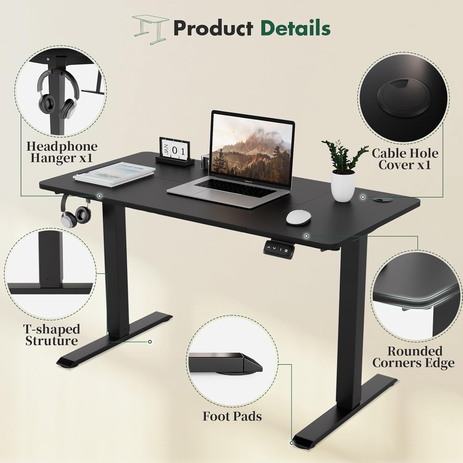 Close-up of the desk showing the headphone hanger, cable hole cover, T-shaped structure, rounded corners, and foot pads.