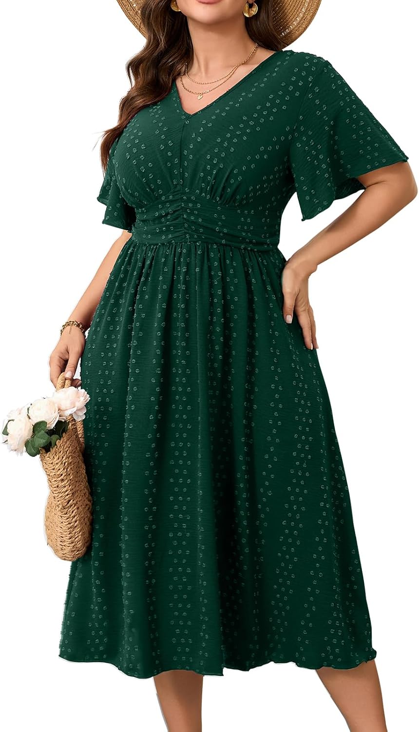 RWJ Women's Plus Size Maxi Dress V Neck Short Sleeve Swiss Dot A Line High Waist Boho Swing Casual Summer Dresses