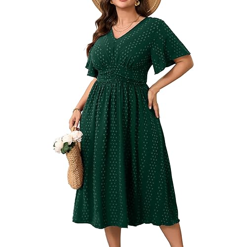 RWJ Women's Plus Size Maxi Dress V Neck Short Sleeve Swiss Dot A Line High Waist Boho Swing Casual Summer Dresses