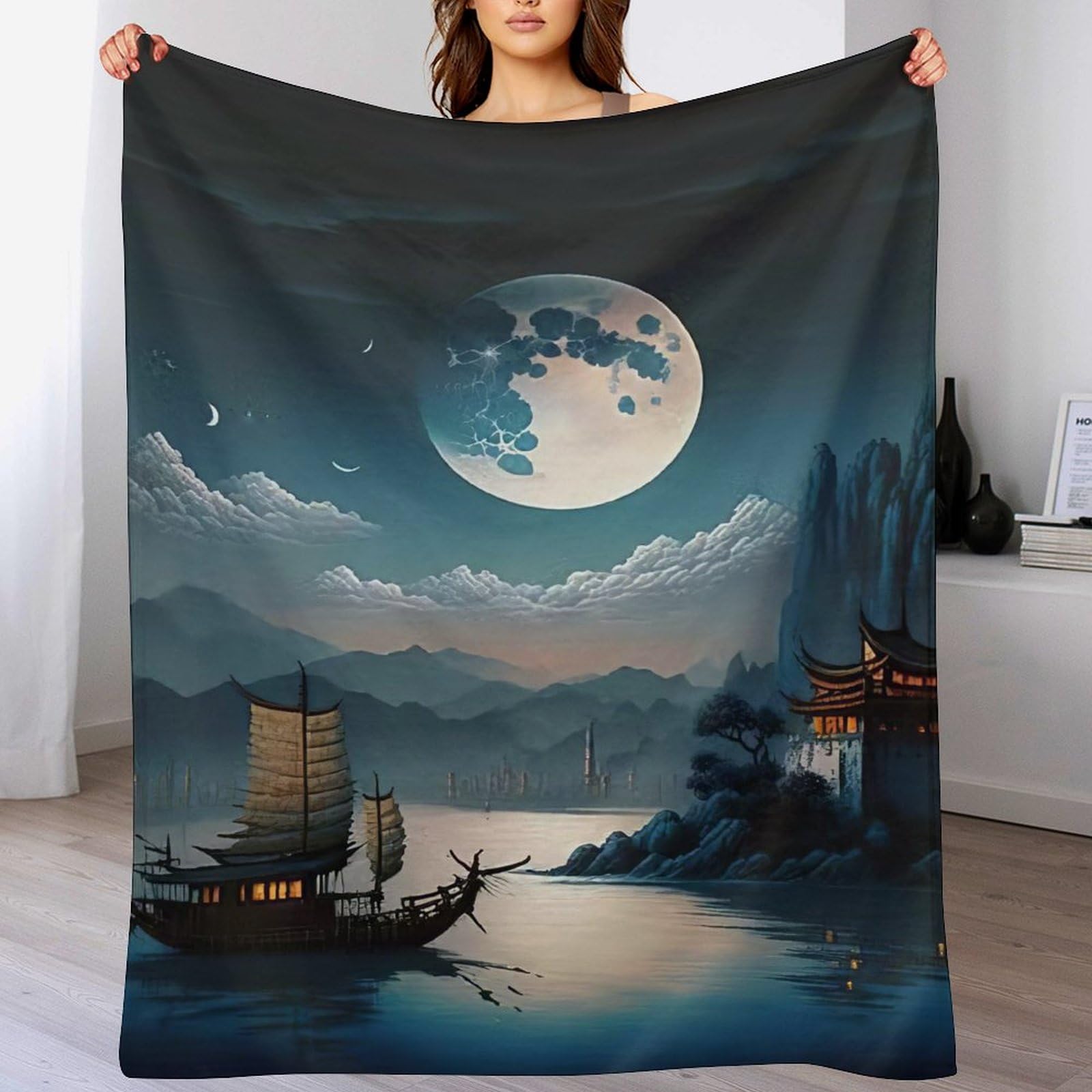 Couverture en flannel paysage chinois lavable pour éliminer les taches du quotidien
