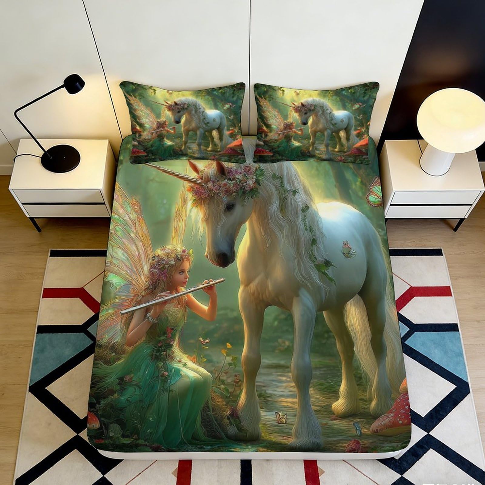 3D Printed Fairy Forest Unicorn Fitted Sheet Microfiber Non-slip Mattress Cover for Bedroom Guest Room Decor 180x200x25cm