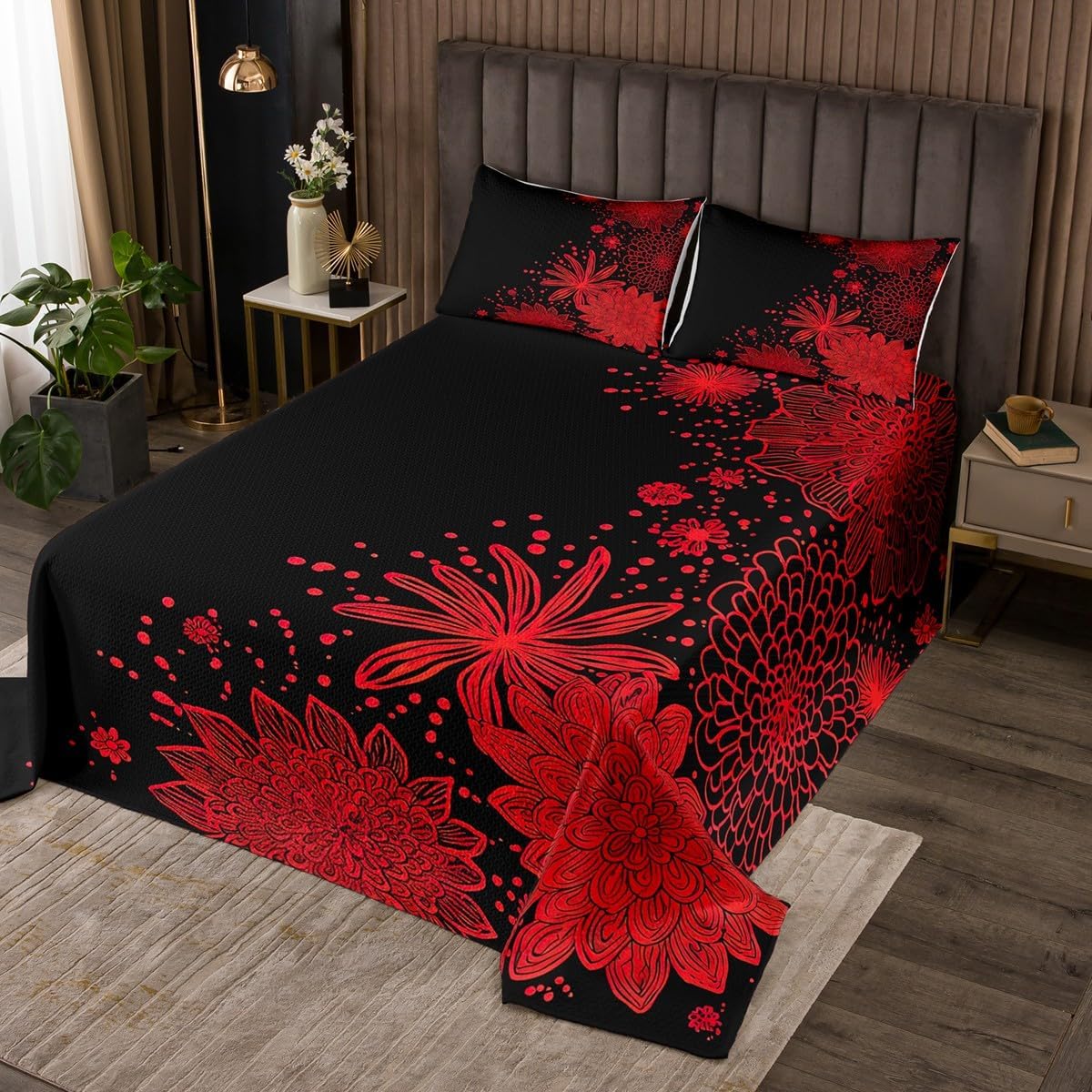 Erosebridal Aztec Dahlia Quilted Lotus Flower Coverlet Set King Size Modern Floral Design All Season Bedspread Fashion Luxurious Bedroom Decor Plain Red/Black