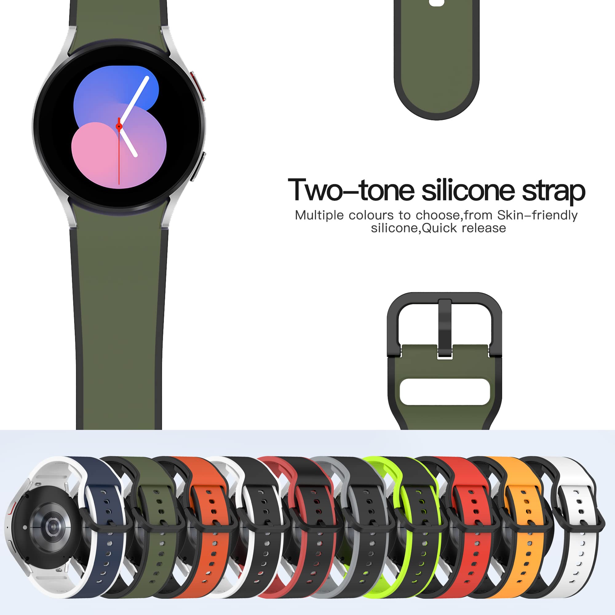Bracelet de rechange réglable en silicone avec 10 couleurs compatibles avec Samsung Galaxy Watch 5 40 mm/44 mm, Galaxy Watch 5 Pro 45 mm pour homme et femme