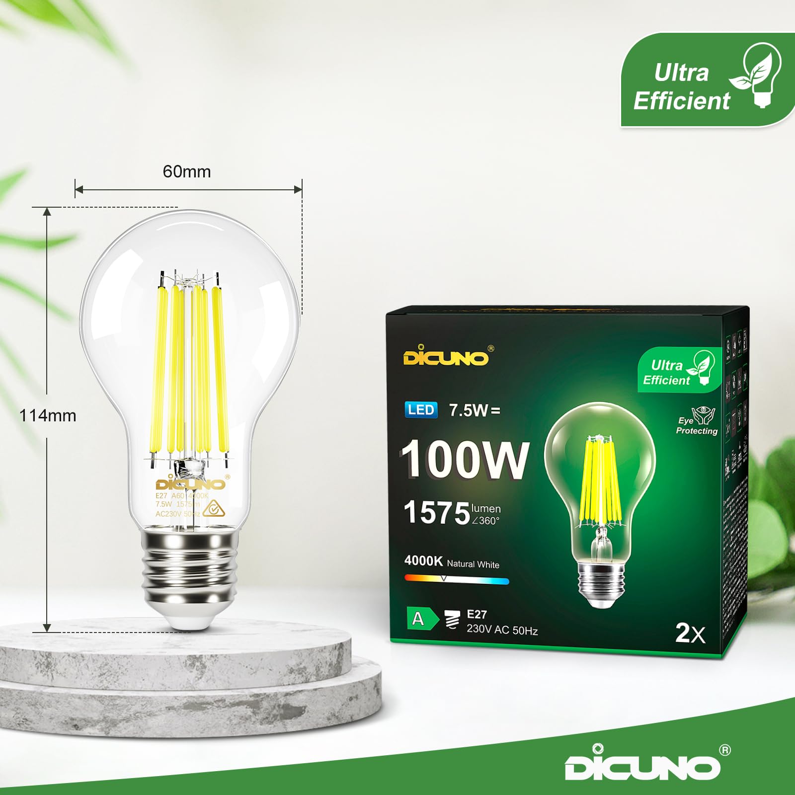 DiCUNO Lampadina LED E27 UltraEfficient Classe A, 7,5W=100W, 4000K, 6 Pezzi
