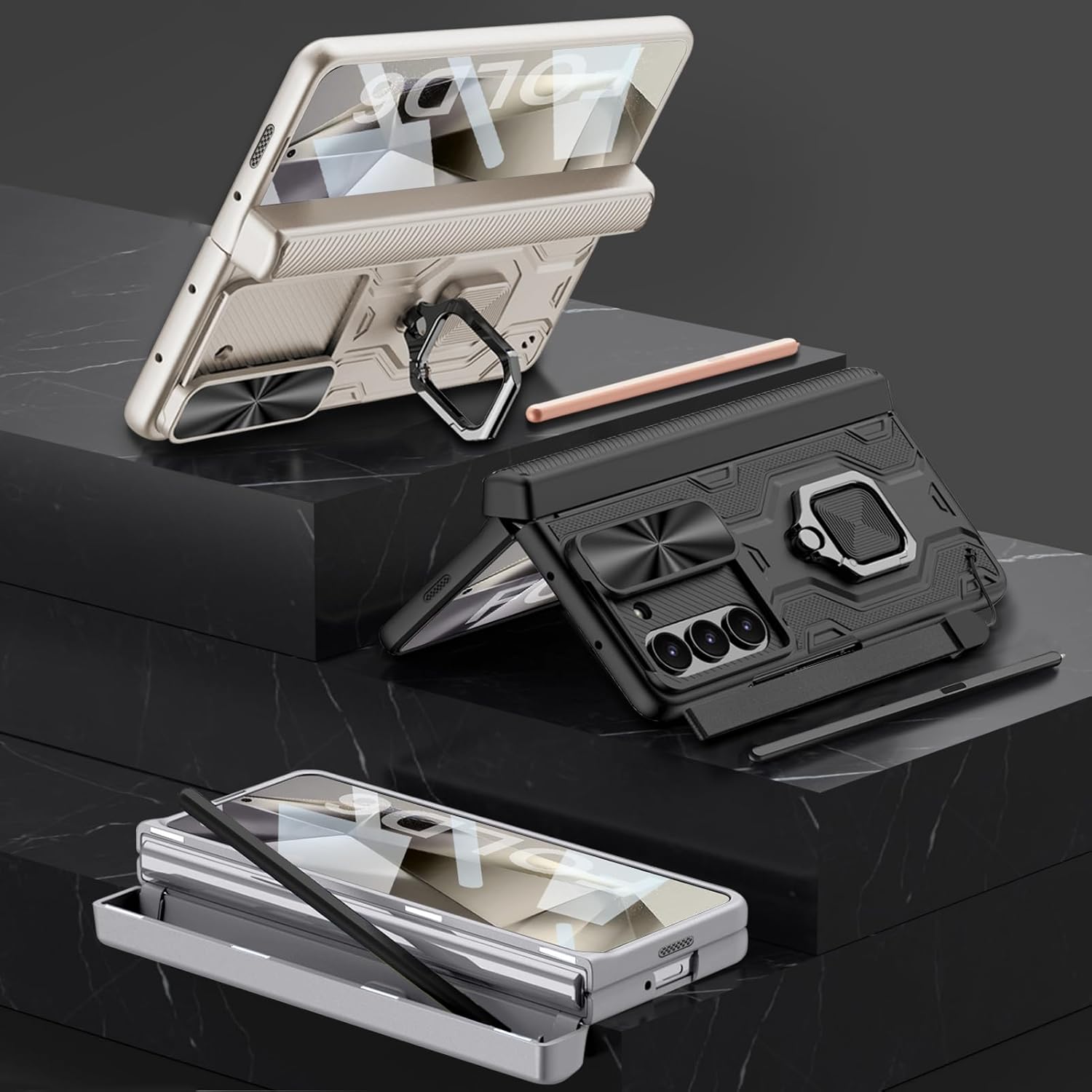 DEMCERT for Samsung Galaxy Z Fold 6 Case with [Pen], Hinge Protection Built-in [Screen Protector] [Ring Kickstand] [Slide Camera Cover] [Lanyard] Full Body Case (Gray)