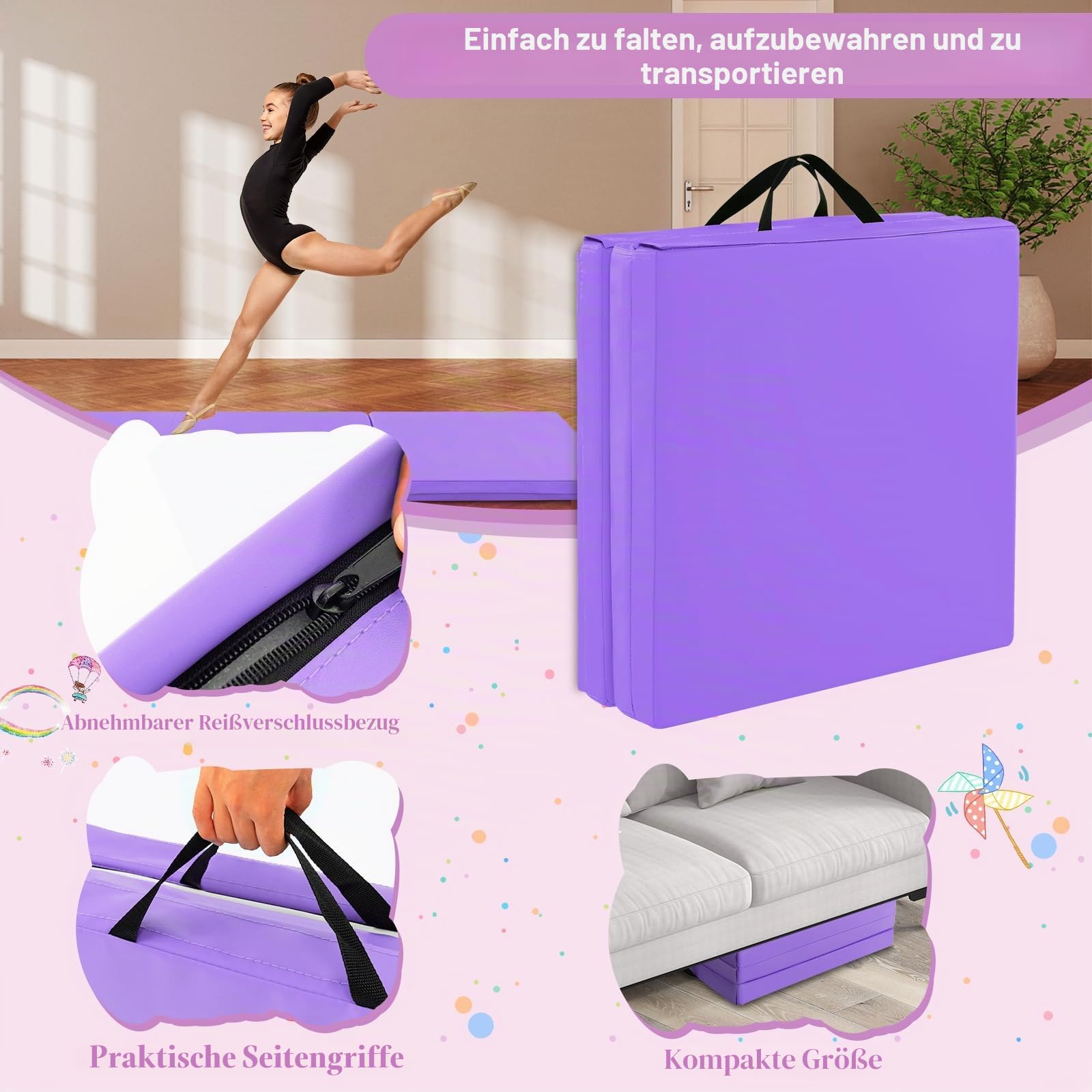 KOMFOTTEU Gymnastikmatte faltbar, Weichbodenmatte 180x60x5cm Fitnessmatte, Turnmatte dick mit Tragegurt, 3-Fach Yogamatte Sportmatte rutschfest für Yoga Fitness Training