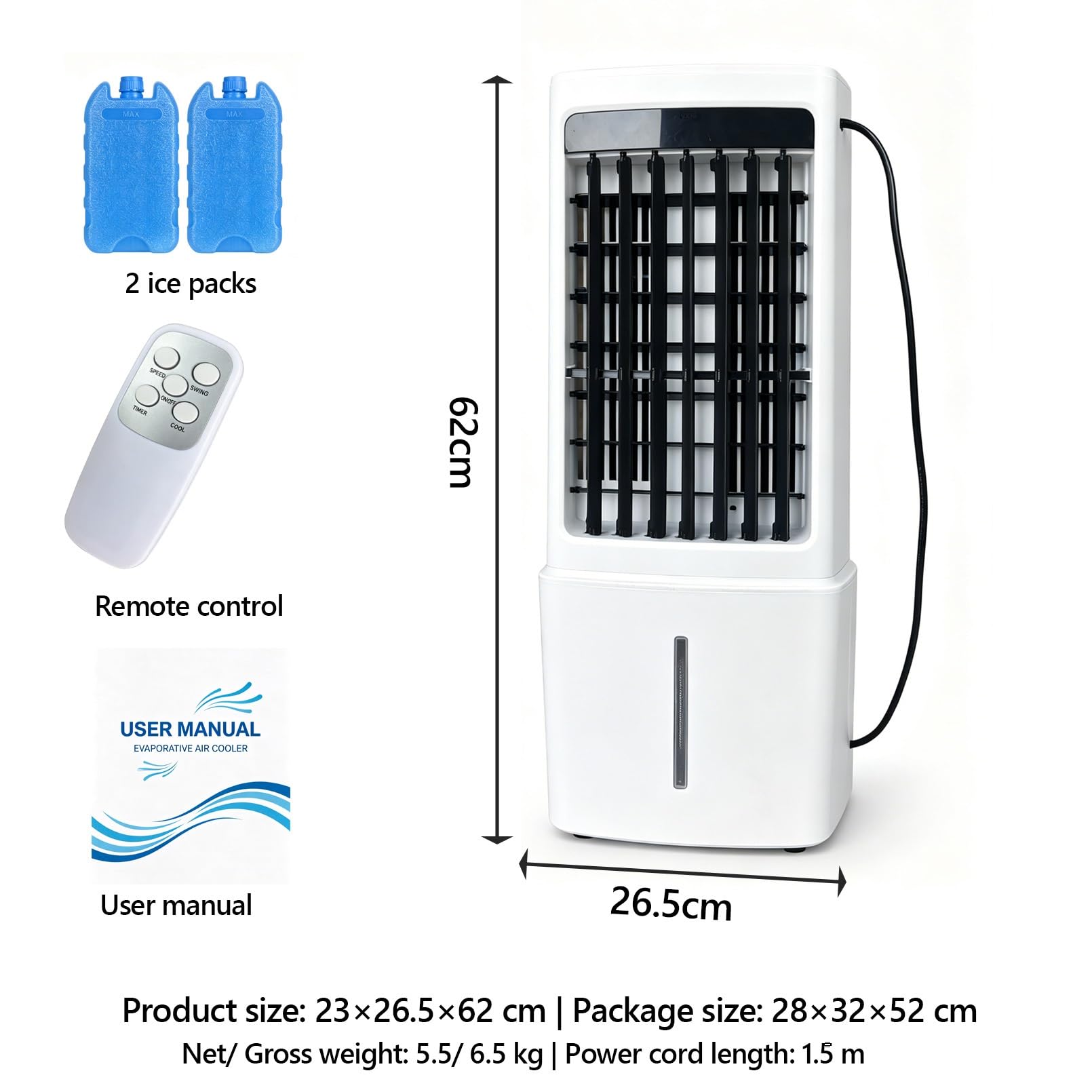 Condizionatore Evaporativo Portatile Senza Tubo 11 L, Raffreddatore d’Aria 3 velocità con telecomando, Ventilatore aria fredda con ghiaccio e umidificatore per domestico, ufficio, camera da letto