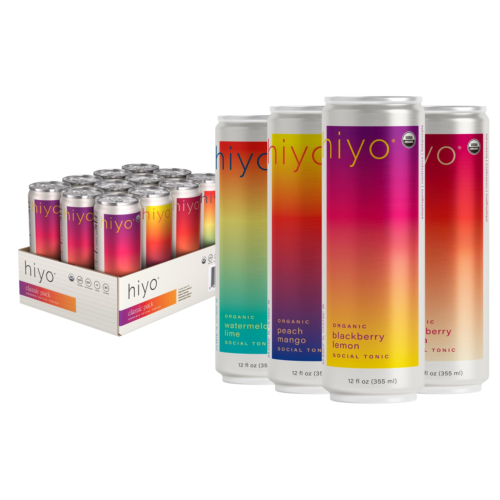 Hiyo Organic Social Tonic - Variety Pack, 12 Pack - N.A. Functional Seltzer, Sparkling Water Made with Organic Adaptogens, Nootropics & Botanicals